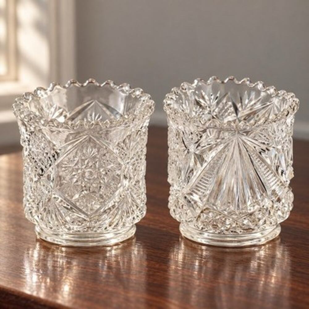 Vintage Clear Glass Toothpick Holders Lot of 2 Scalloped Rim Starburst Fan